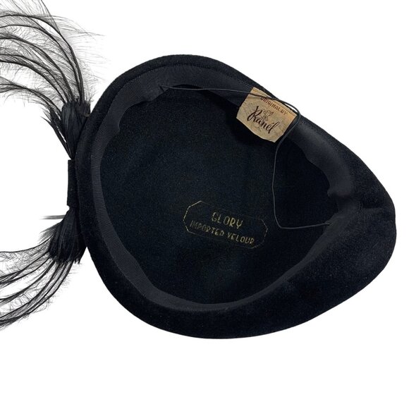 VTG Ranel Black Cloche Glory Imported Velour Hat w/ Feather Accent Chin Strap OS - Picture 8 of 8